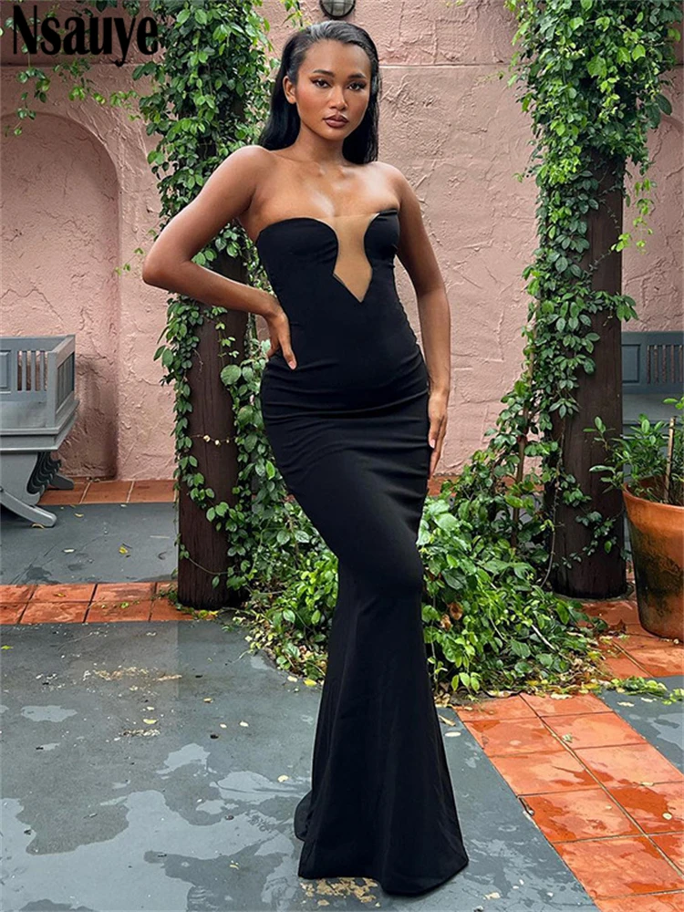 

Nsauye летнее праздничное модное облегающее платье макси для женщин сексуальное Клубное платье длинное черное вечернее искусственное Элегантное платье без бретелек 2023 наряды
