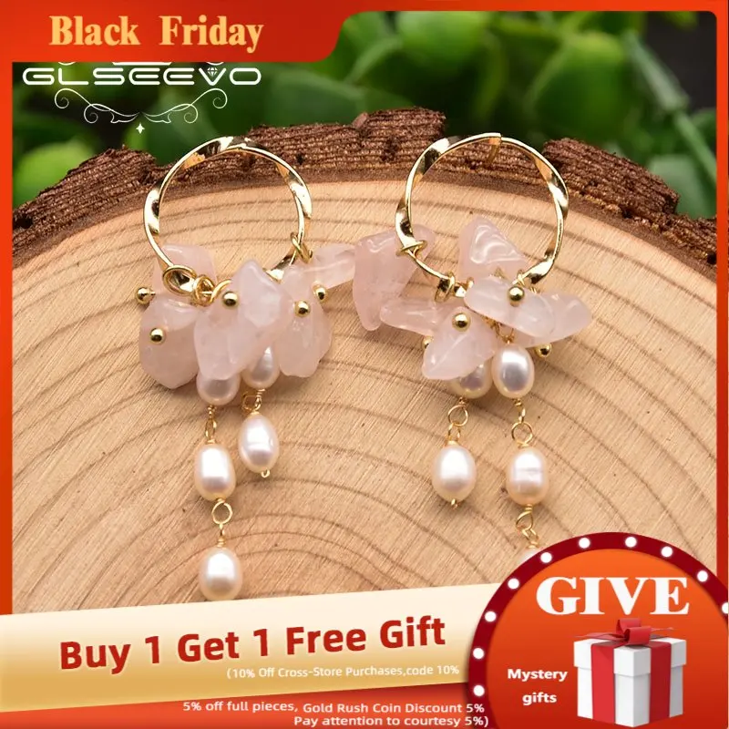 

GLSEEVO Natural Pink Crystal Earrings Women'S Wedding Gift Freshwater Pearl Hanging 925 Sterling Silver High Jewelry GE0991I