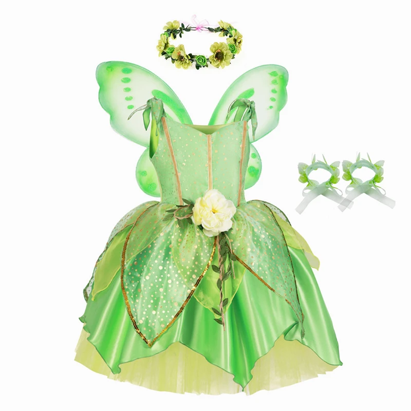 

Tinkerbell Dress For Baby Girls Forest Fairy Tinker Bell Costume Green Leaf Glitter Princess Kids Party Cosplay Frocks With Wing