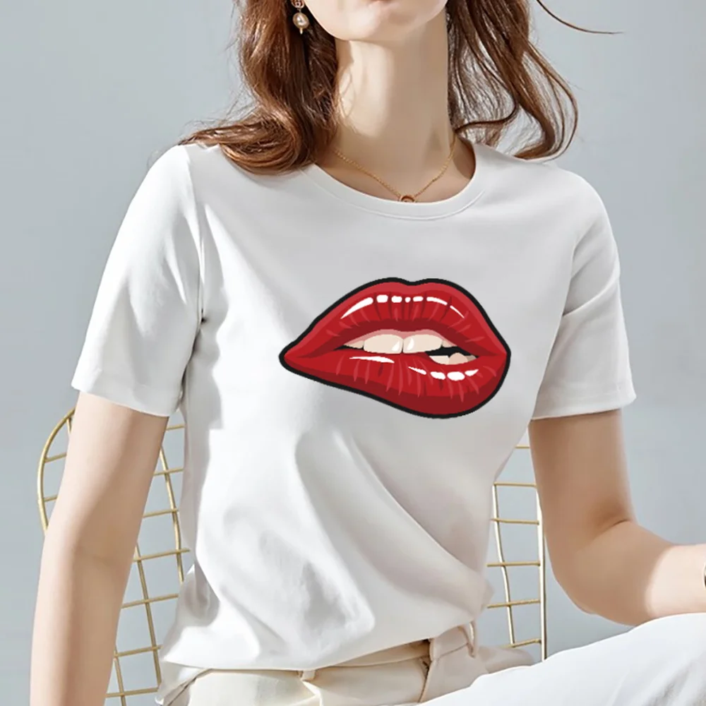 

Summer Women's T-shirt Basic All-match Tops Red Mouth Pattern Series T-shirt Women's O-neck White Cotton Ladies Short Sleeve