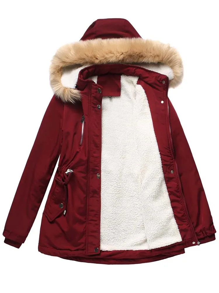 Women's Fashion Winter Coat Lamb Fleece Loose Cotton Parkas Fur Lined Hooded Outwear Jackets Hood Detachable Warm Overcoat