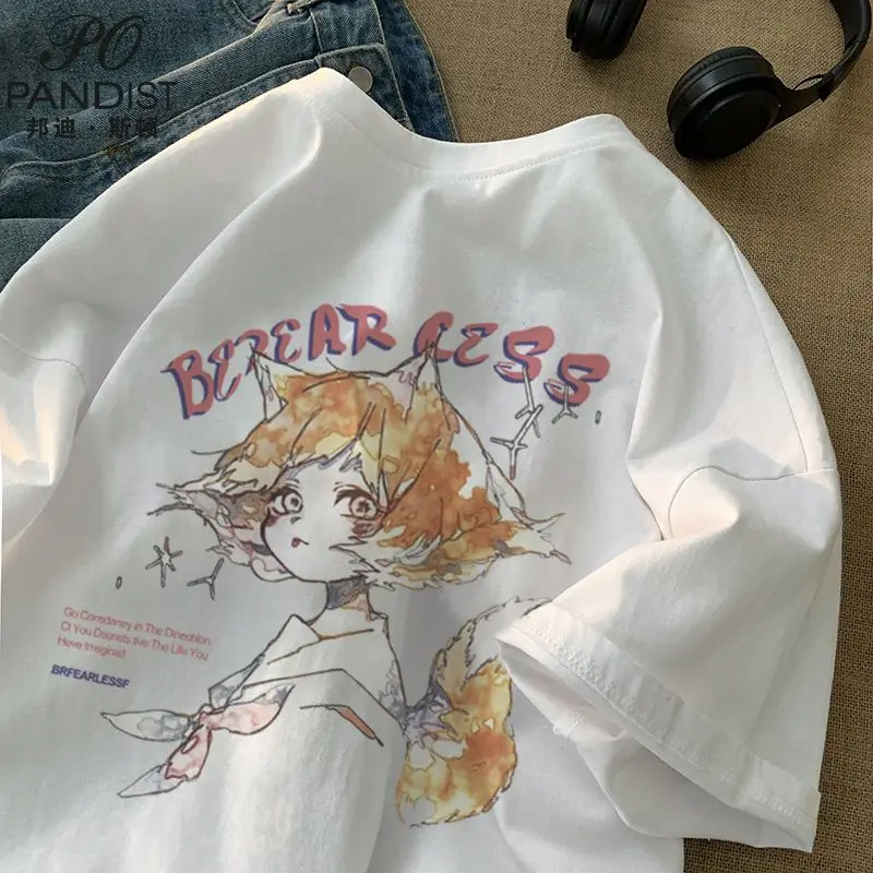 

Футболка женская с японским аниме принтом, милая одежда в японском стиле Харадзюку, топ с коротким рукавом и круглым вырезом, Повседневная М...