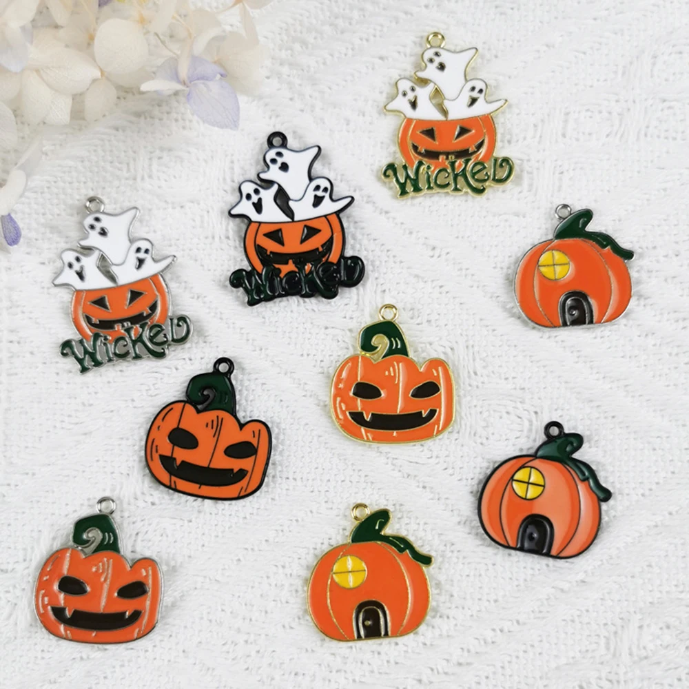 

10Pcs/Lot Halloween Cute Resin Pumpkin Head Ghost House Pendant DIY Earrings Dangle Keychain Jewelry Making Accessories Gift