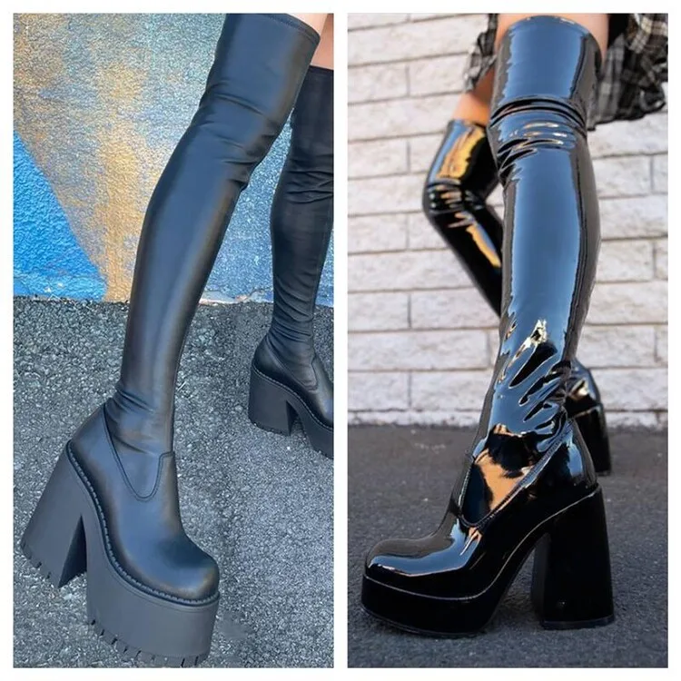 

Women Thigh High Boots Glisten Patent Leather High Platform Over Knee Boots Sexy Solid Color High Heels Shoes Women's High Boots