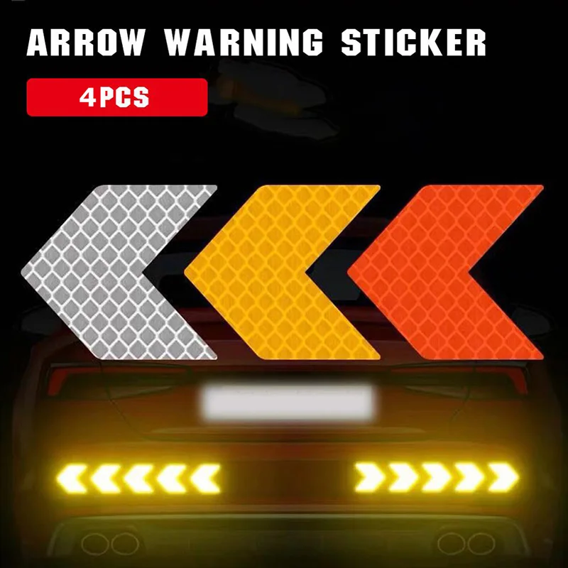 

4pcs Car Reflective Sticker Arrow Sign Tape Warning Safety Stickers For Car Bumper Trunk Reflector Car Decoration Sticker