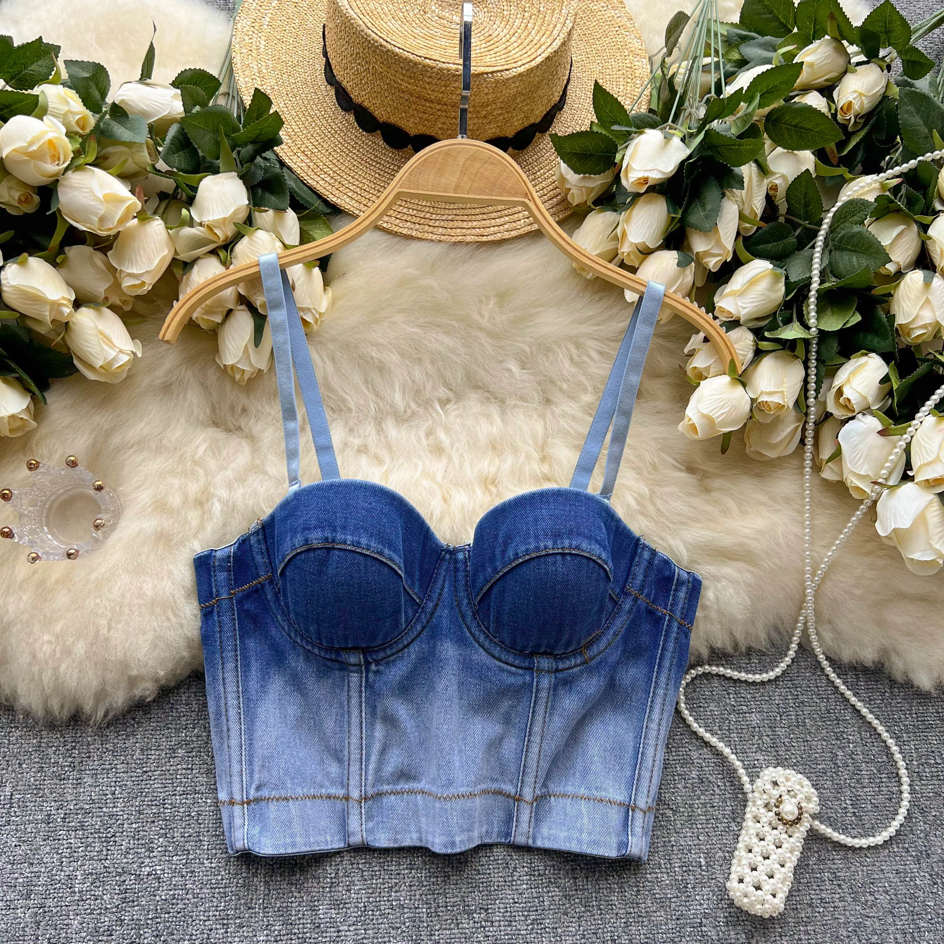 

Женский джинсовый комбинированный Топ без рукавов, голубой винтажный топ с вырезом лодочкой и открытой спиной, сексуальный корсет с нагрудной подушкой для лета, 2019