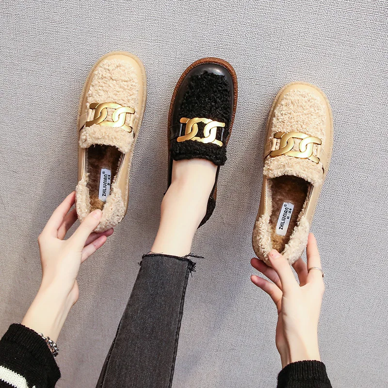 Plush Shoes Women Winter Outdoor Faux Fur Shoes for Women Plush Platform Shoes for Women Cotton Shoes Large Size 41-43 Loafers