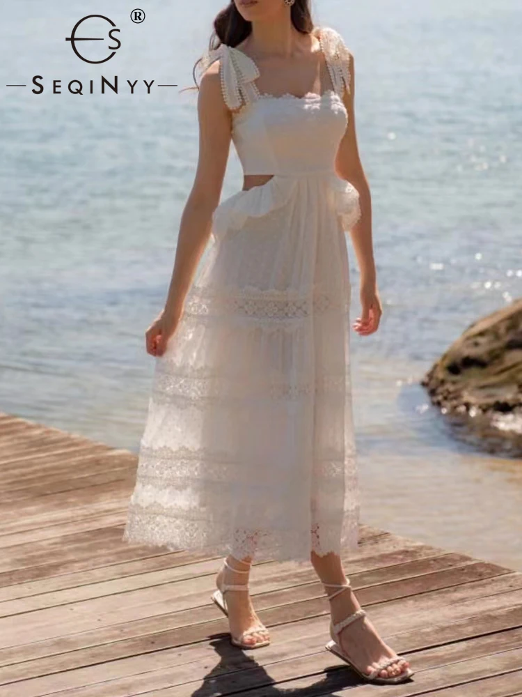 SEQINYY Sexy Midi Dress Summer Spring New Fashion Design Women Runway High Street Vintage Lace A-Line Hollow Out Elegant