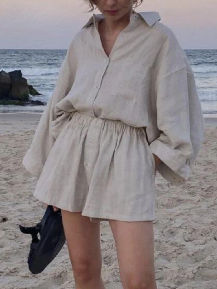 

ZITY 2022 Casual Beige Two Piece Set Women Cotton Elastic Band Shorts Sets Vintage Boho Shirt High Waist Loose Shorts Sets