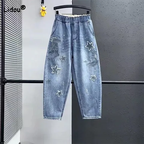 Korean Vintage Stars Patch Designs Female Jeans 2023 Summer Women's Clothing Fashion Thin Embroidery Spliced Casual Capri Pants