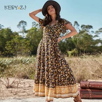 womens dress summer floral print bohemia clothing short sleeve a line boho long dress picnic vacation beach chiffon maxi dress