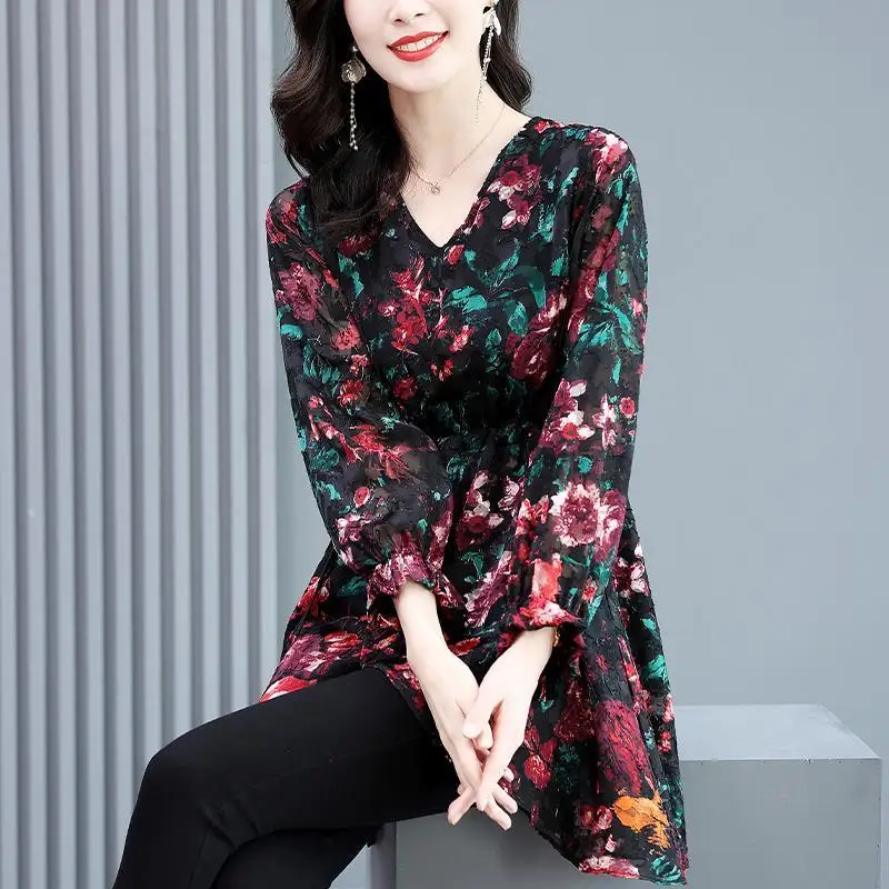 

Женская шелковая блузка с цветочным принтом, блузка с длинным рукавом и V-образным вырезом, весна 2022