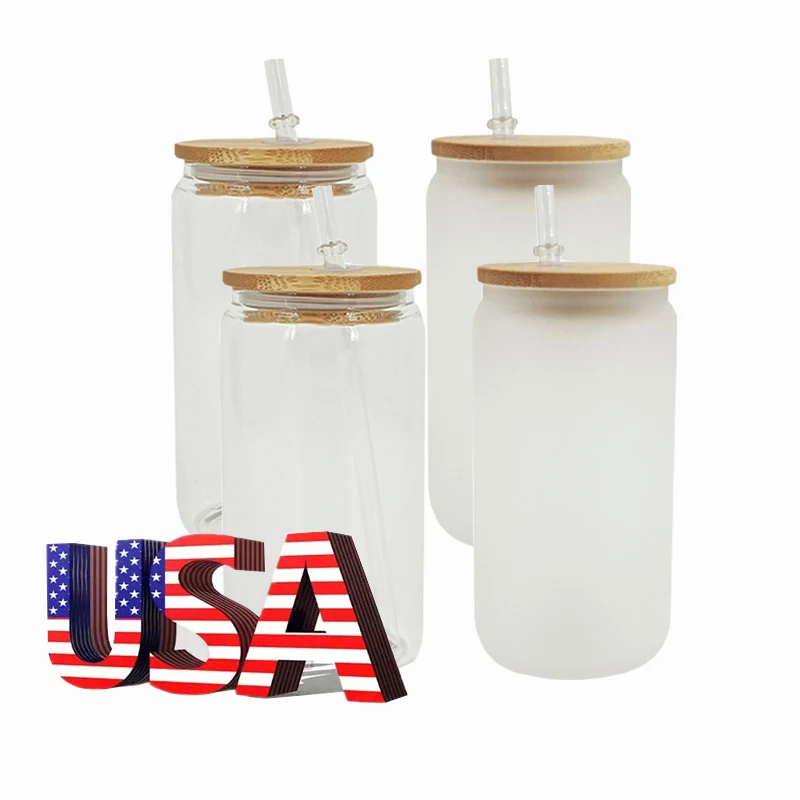 

50pack USA Warehouse 12oz Mason Sublimation Tumbler cup Soda Pop Can Shaped Sublimation Glass Cans with bamboo lid and straw