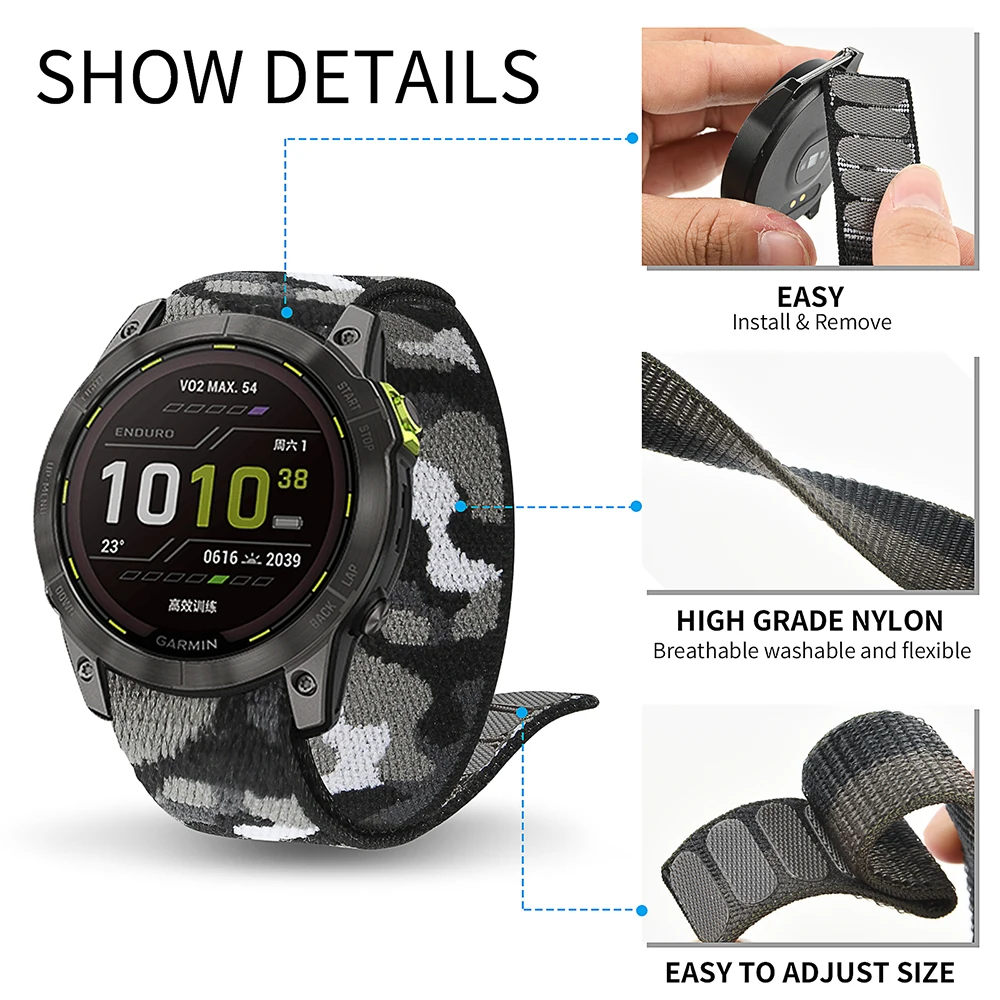22mm 26mm Hook Loop Nylon Strap For Garmin Epix Gen2/Forerunner 955 965 Garmin Fenix 7 7X Fenix 6Pro 5XPlus/Enduro 2 Watchband