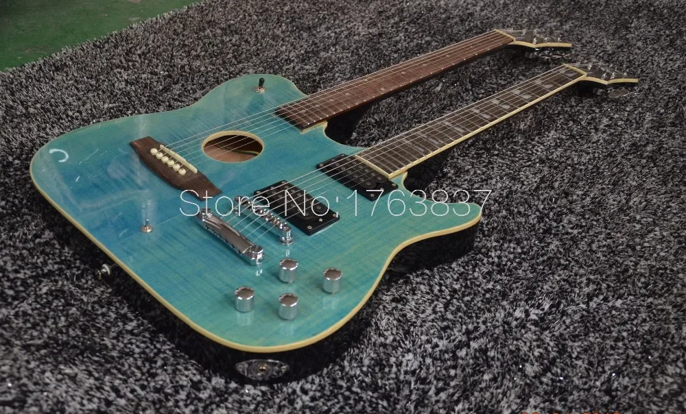 

Custom 1958 Slash Crossroads Double Neck 6 Strings Acoustic Guitar Blue Flame Maple Top Electric Guitar China EQ Grover Tuners