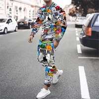 mens route 66 pattern tracksuit long sleeve t shirt trousers set male fashion suit oversized streetwear clothing outdoor outfit