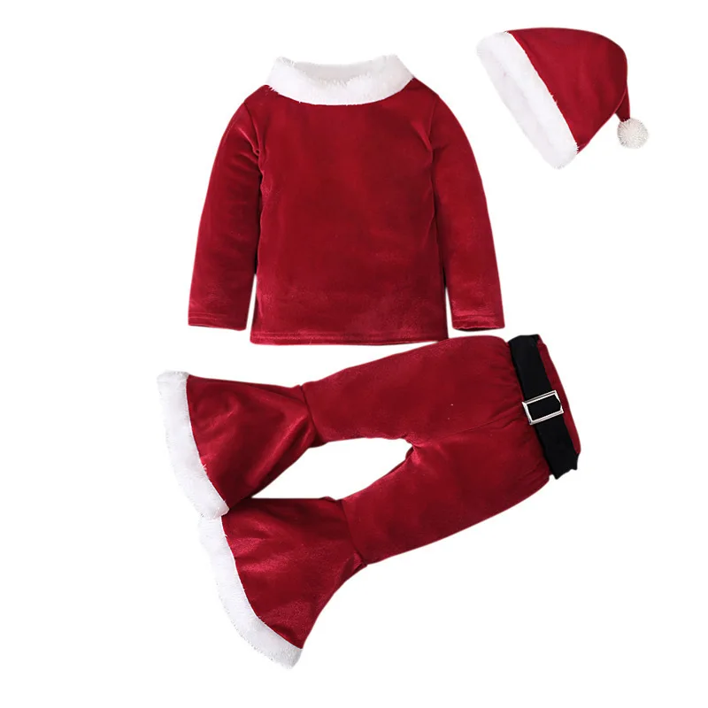 Christmas Winter Outfits Girls Cute Infant Santa Claus Cosplay Costume Kids Long Sleeve Top +Pants +Hat Toddler Dress With Doll