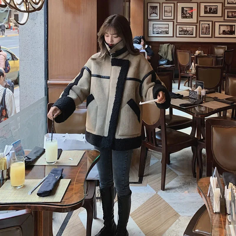 Women's Fashion Winter 2021 Women's Korean Chic Loose Thick Retro Fur All-in-one Motorcycle Suit Lamb Hair Long-sleeved Jacket