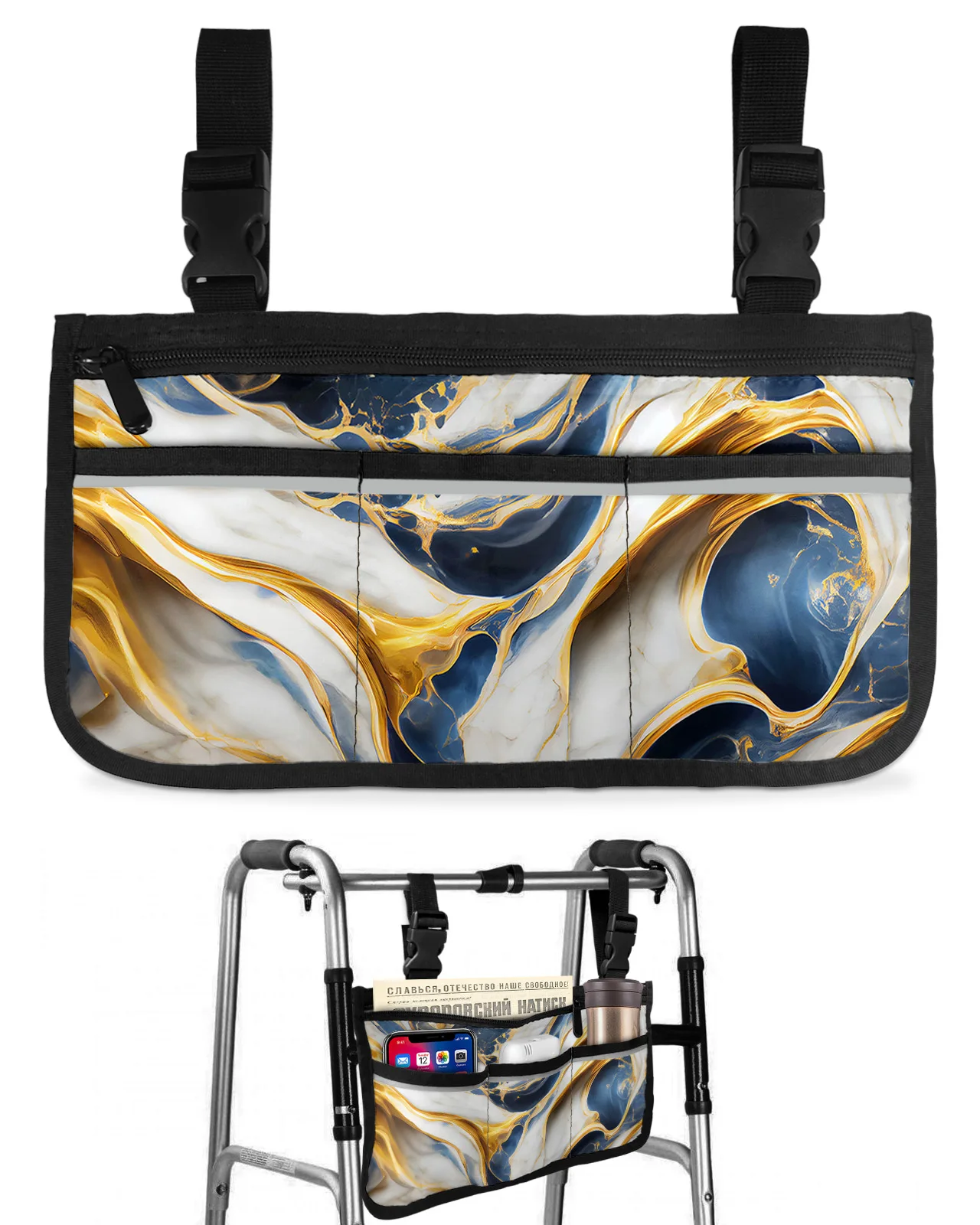 

Marble Texture Blue Wheelchair Bag With Pockets Reflective Strips Armrest Side Bags Electric Scooter Walking Frame Storage Pouch