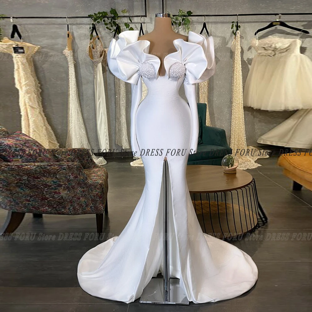 

Charming White Mermid Prom Dress Ruffles Long Sleeves Floor Length Custom Plus Size Celebrity Party Gowns Robe De Soriee