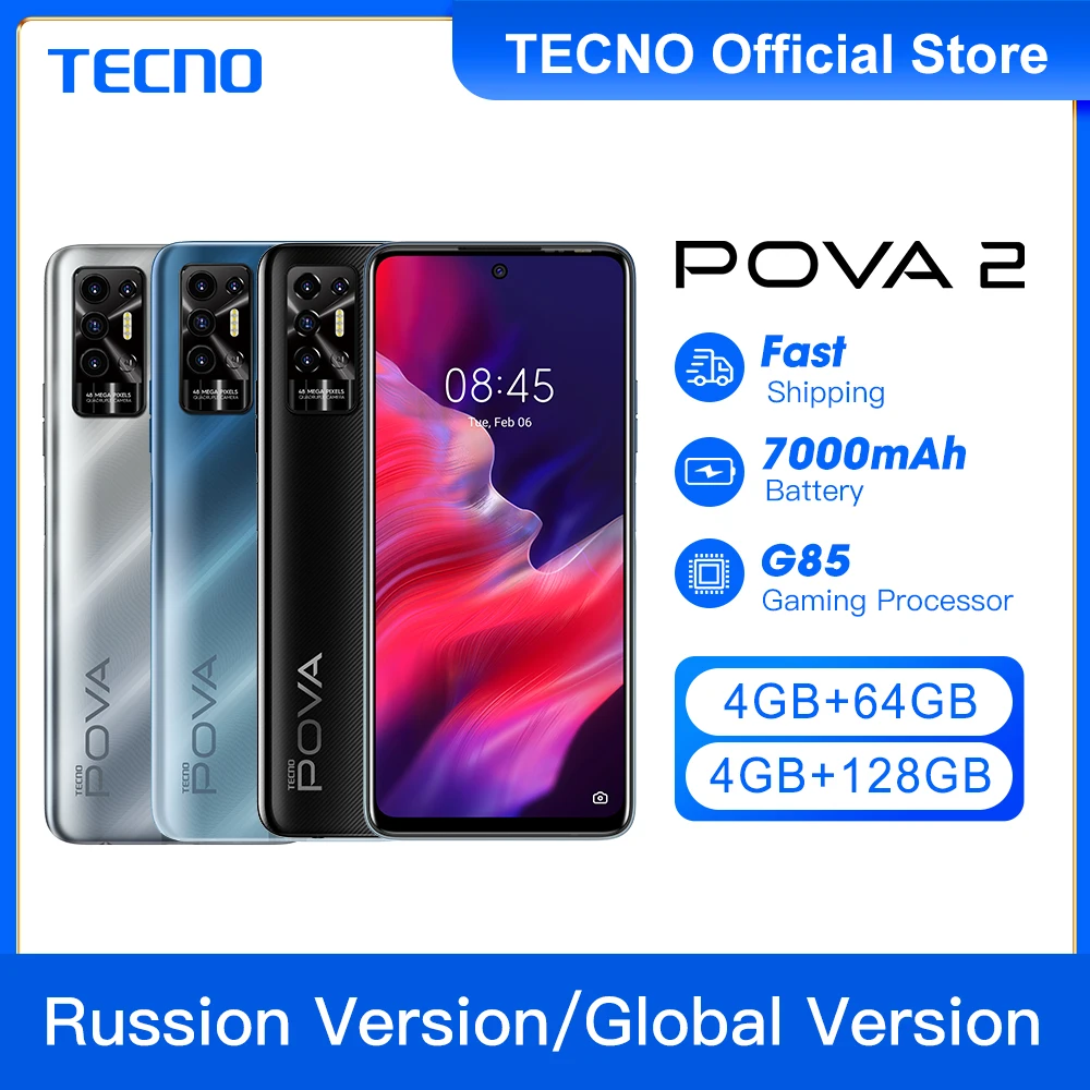 

NEW Original Tecno Pova 2 4 + 64GB/4GB+128GB Smartphone Helio G85 Battery 7000mAh Flash Charge 18W Cell Phone NFC Global Version