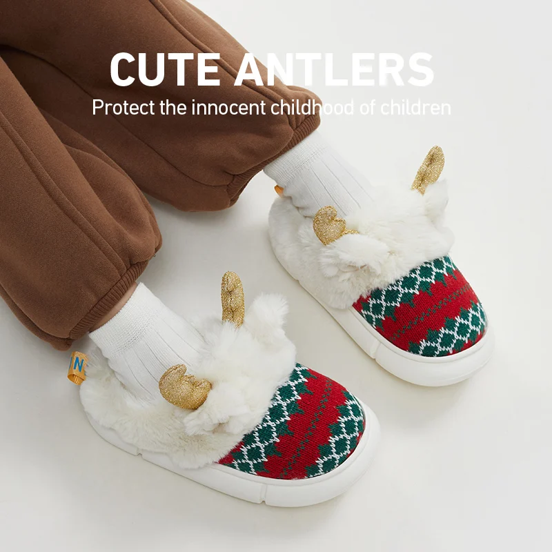 

UTUNE Elk Warm Winter Kids Slippers Home Soft Plush Boys Girls Chirstmas Shoes Non-slip Platform Knitting Toddler House Flats