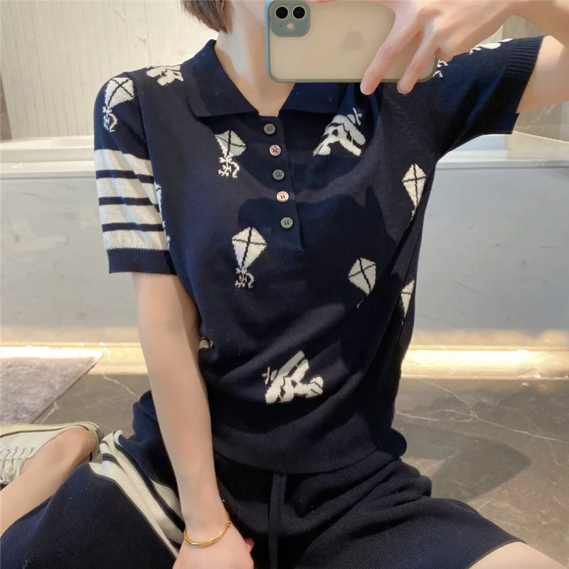 

Spring and summer new tb college wind casual kite intarsia jacquard wool knitted lapel polo shirt short-sleeved T-shirt
