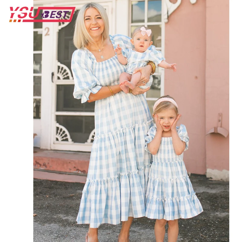 

Mom and daughter Dress Family Matching Outfits Summer Long Dress Grid Flower Mommy and Me Clothes Mother and Daughter Clothes
