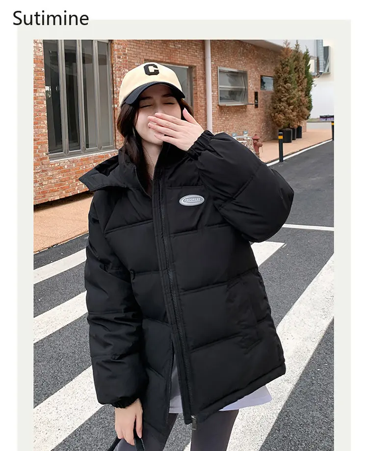 Korean Down Cotton Jacket Women's Thickened Short Loose Coat Office Lady Winter Coat for Women Hooded Winter Clothes Women