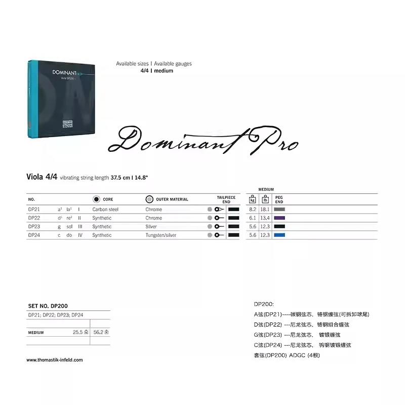 Thomastik-Infeld DOMINANT PRO Viola Strings Set DP200 for Professional 4/4 Size Synthetic Core Medium Tension Ball End