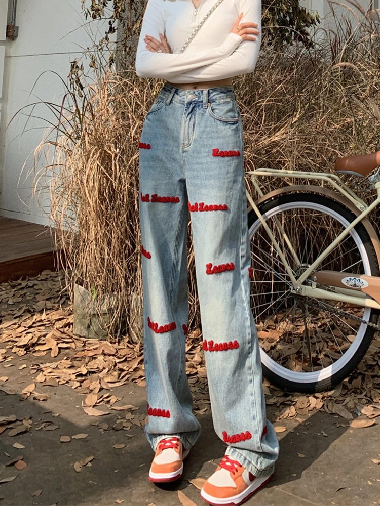 

Vintage Blue High Waist Women Jeans Embroidery American Fashion Streetwear Straight Trouser Winter Trouser Wide Leg Denim Pants