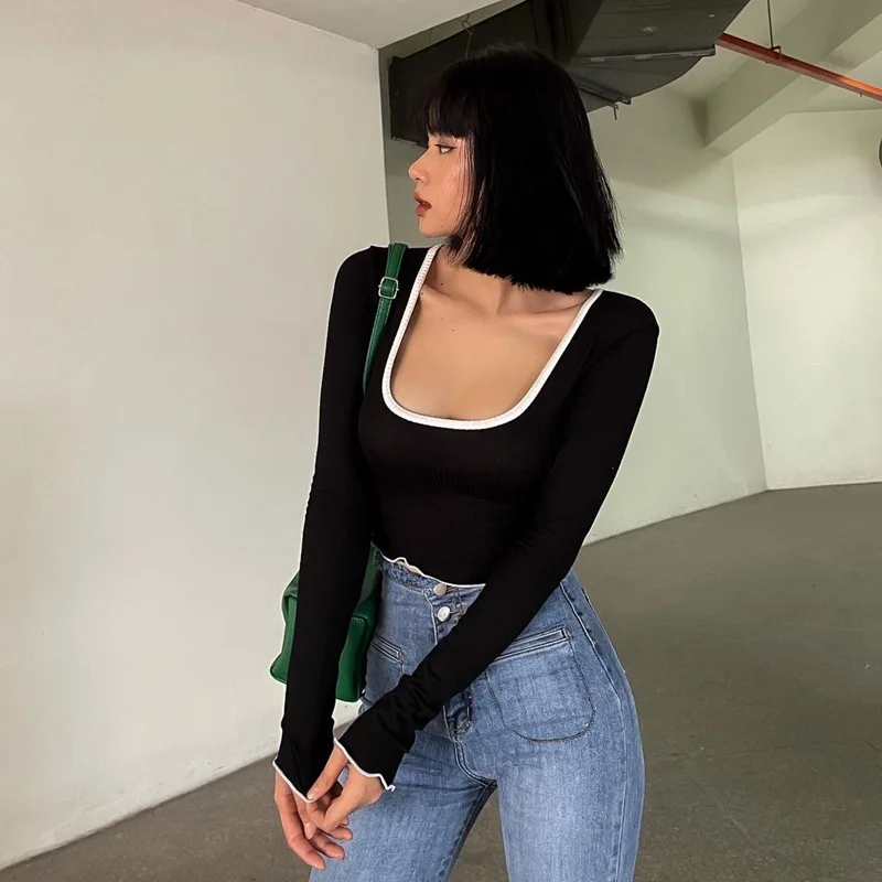 

2022 Spring/Summer Black T-Shirt Long Sleeve Women's 90s Retro Basic Y2K Sexy Crop Top Casual Fashion Club Apparel