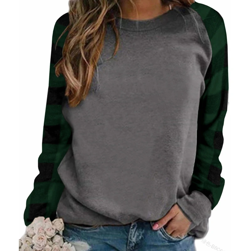 

Women T-shirt Women Casual O-Neck Loose Pullover Sports T-shirt Spring Autumn Plaid Lantern Long Sleeve Stitching T-shirt Top