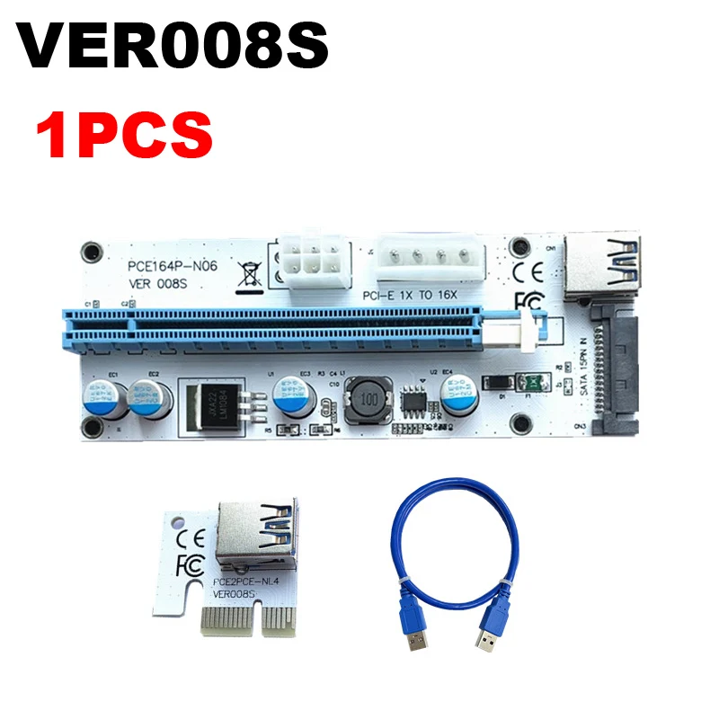 Райзер-карта VER008S PCI-E 008S PCI Express, 1X до 16X, 4-контактный, 6-контактный разъем SATA, светодиодный удлинитель USB 3,0 для видеокарты