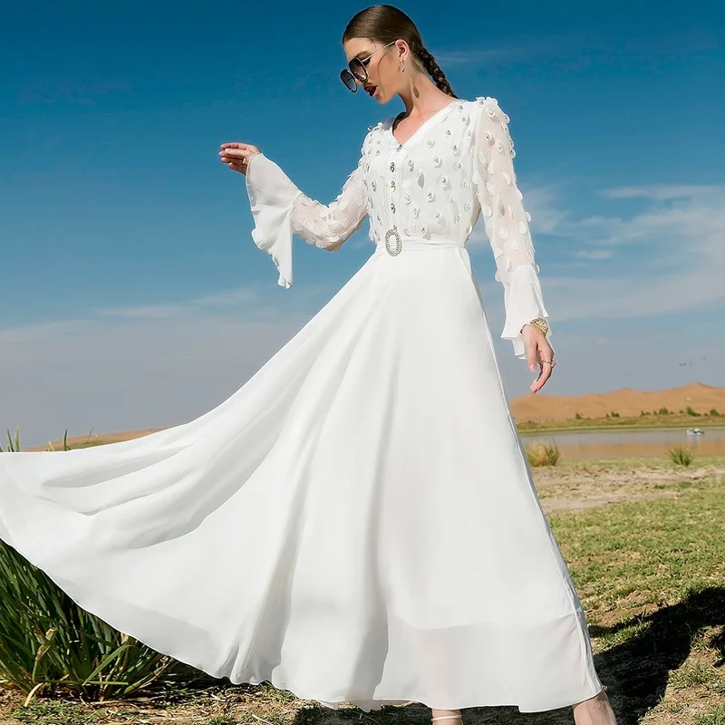 White Muslim Dress Women 2022 Ruffle Sleeve Chiffon Eid Mubarak Evening Party Maxi Long Dress Arabic Turkish Islamic Clothing