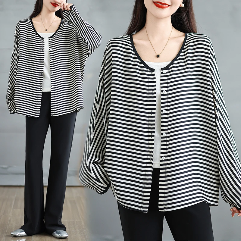 Женские осенние полосатые толстовки оверсайз Aricaca в стиле ретро Кардиган с