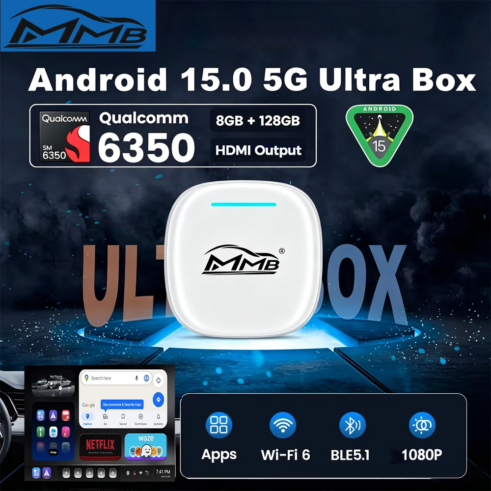Фото 8G+128GB MMB Ultra CarPlay AI Box Android 15 QCM6350 Беспроводной CarPlay Android Auto Smart TV Box для YouTube, Netflix, IPTV, 5G SIM №1