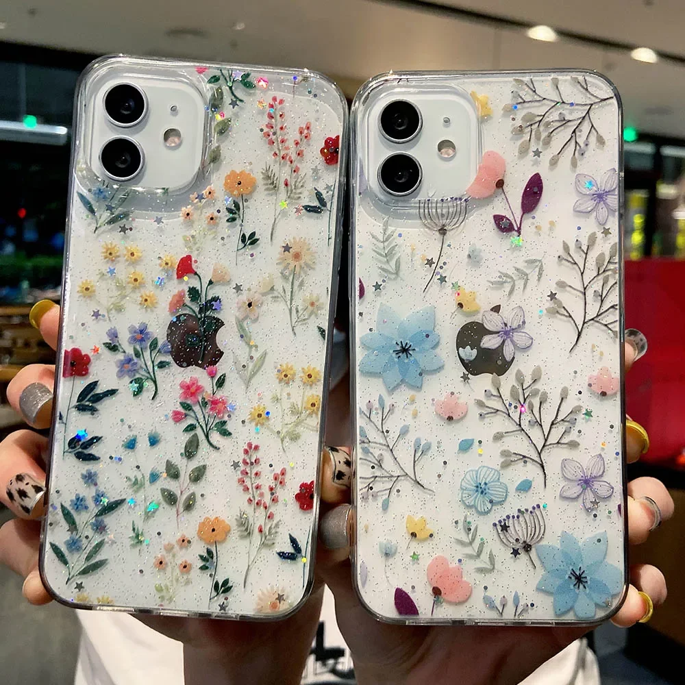 

Phone Cases For iPhone 12 Pro XR X XS 7 8 Plus Soft Transparent Glitter Bling Flowers Leaf Cover Case For iPhone 13 11 Pro Max