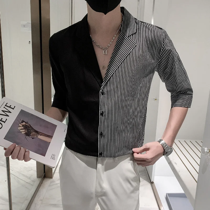 

Summer Paneled Striped Shirt Men Half Sleeve Slim Casual Social Party Tuxedo Blouse Clothing Streetwear Chemise Homme