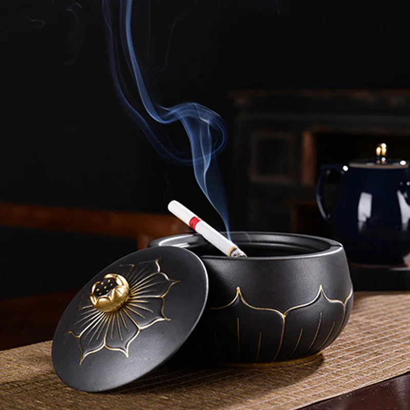 

Lotus with cover anti-fly ash portable ashtray creative home living room office supplies ceramic stone pattern cute ashtray