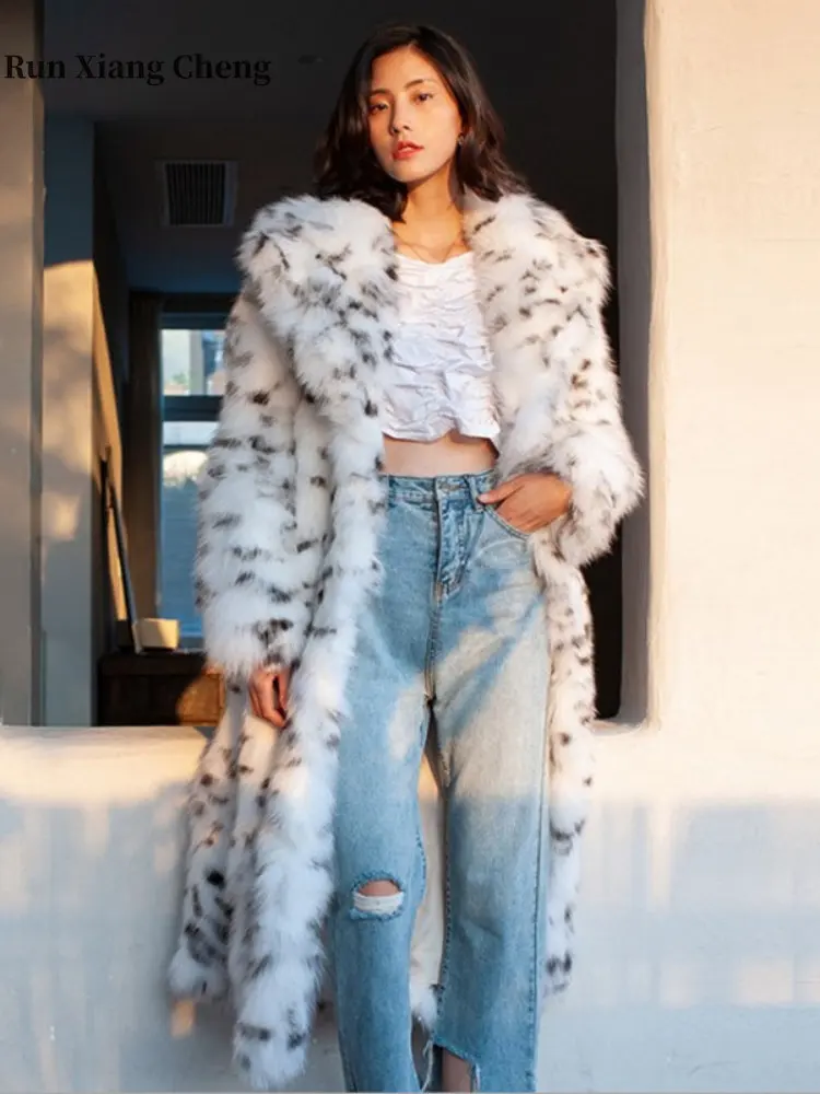 Women's Winter Jacket 2023 New Leopard Print Luxury Designer Women's Plush Jacket Long Chic and Elegant Faux Fox Fur Coat Women