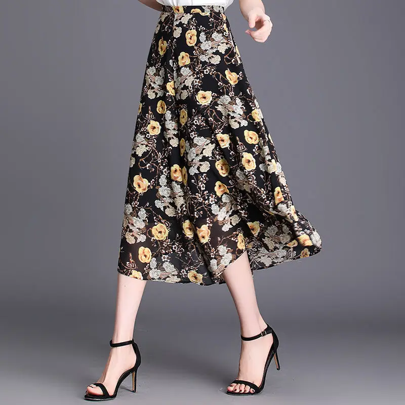 

2022 Women's Summer New Loose Printed Skirt Pants Female Thin Ice Silk Wide-leg Pants Ladies Floral Calf-Length Trousers Q07