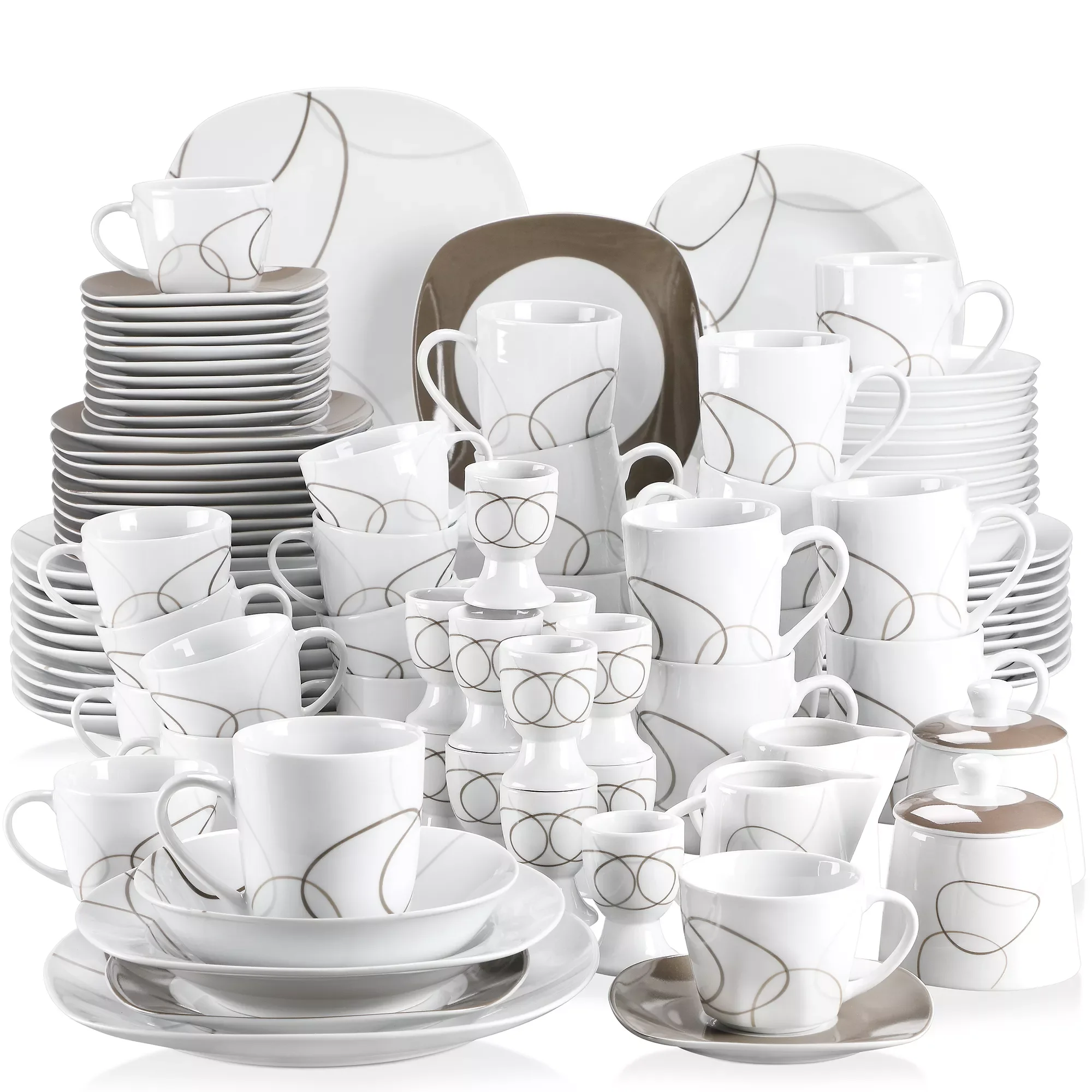 

50/100-Piece Porcelain Dinner Set with Egg Cup,Cup&Saucer,Mug,Dessert&Soup&Dinner Plate,Bowl,Milk Jug&Sugar Pot