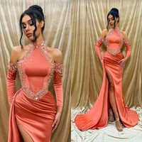 gorgeous off the shoulder evening dresses halter long sleeves sequins prom gowns sexy high split formal party wedding dresses