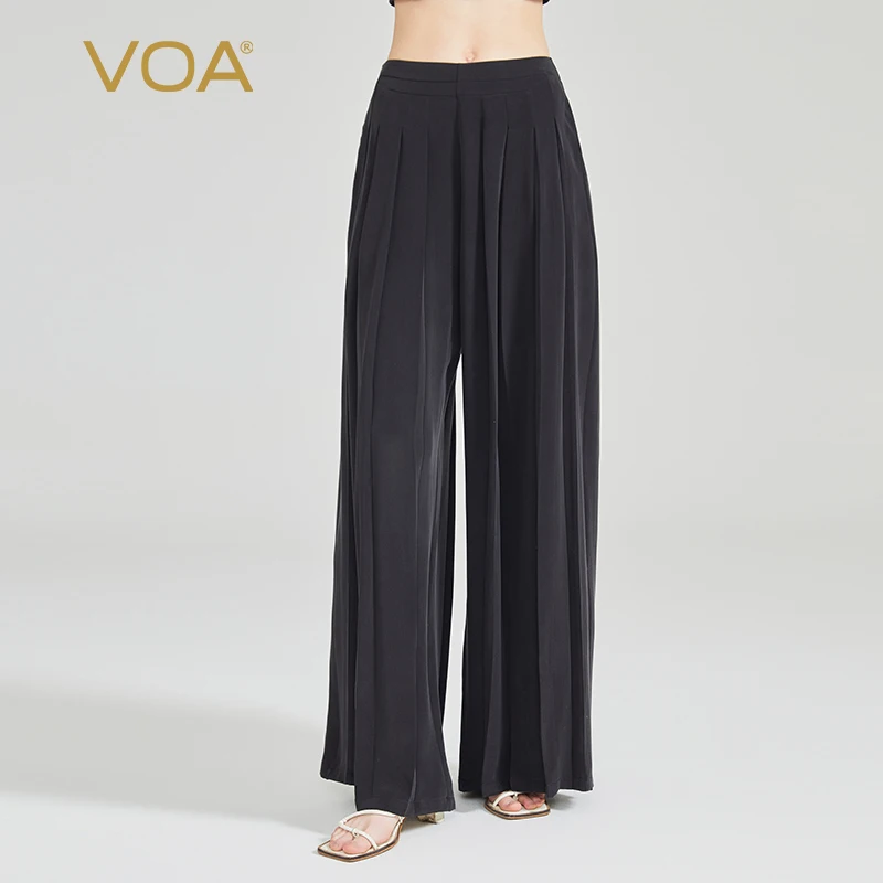 

VOA 30 Momme Heavyweight Sandwashed Silk Natural Waist Trousers Side Pocket Yuke Pleated Simple Silk Long Pants Women KE988