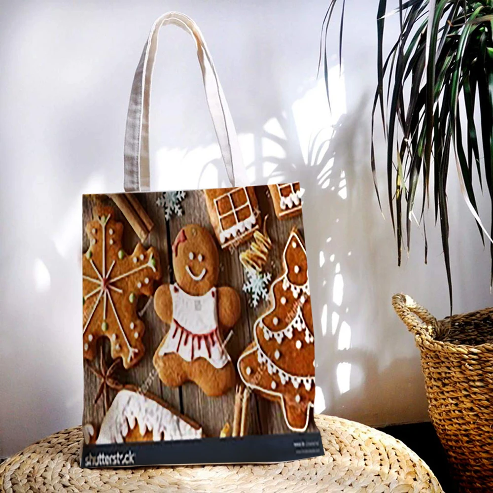 

Модная Рождественская Холщовая Сумка с мультяшным принтом имбиря, женская сумка для покупок, одна сумка через плечо, Экологичная Холщовая Сумка, Холщовая Сумка
