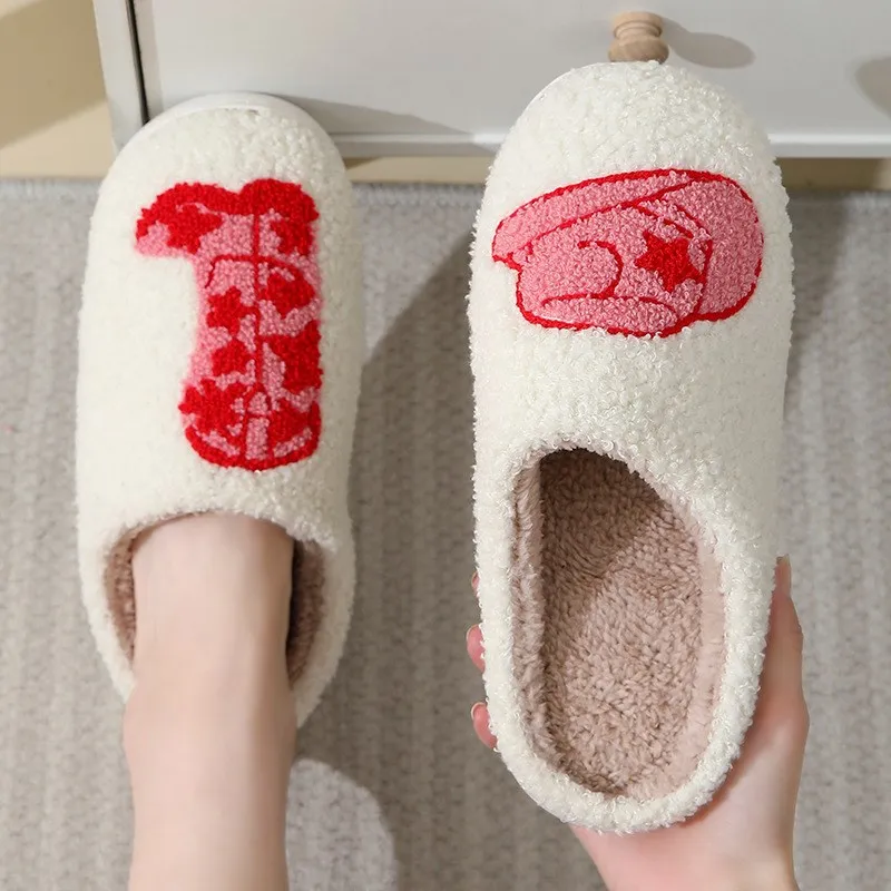 

Winter Cute Boot Women's Slippers Cowgirl Hat Fluffy Cushion Slipper Comfortable Houseshoes Laides Shoes Couple Indoor Slides
