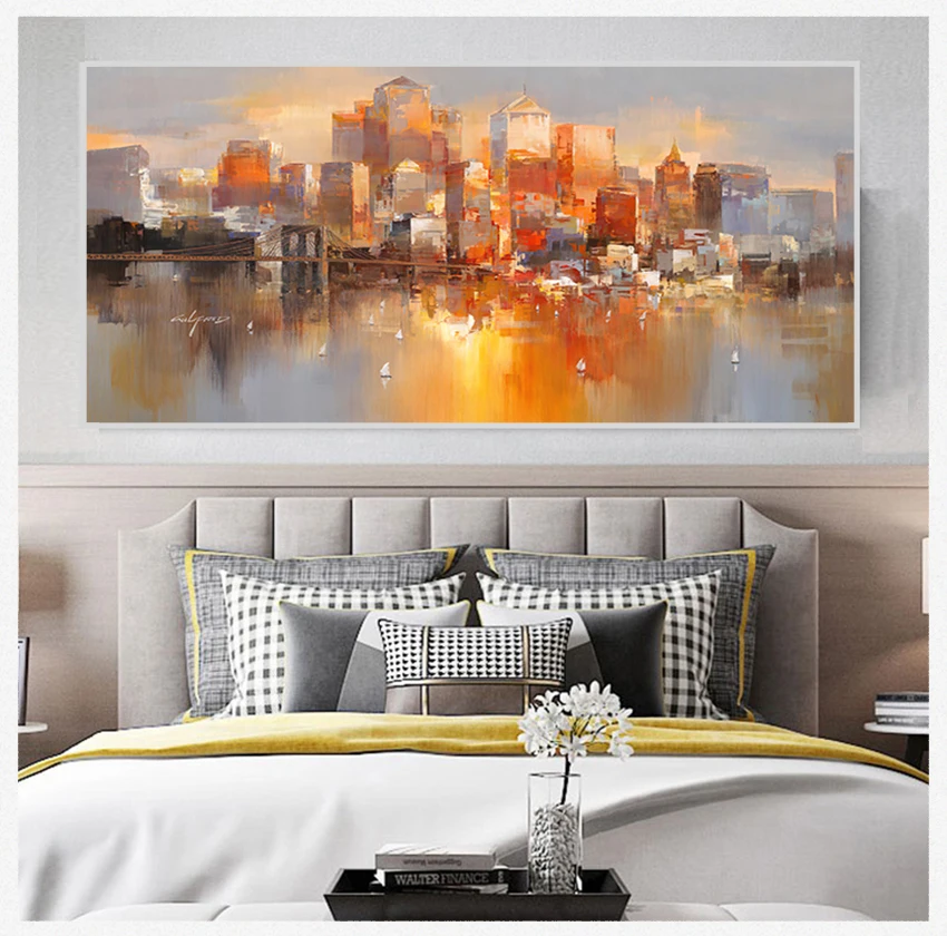 

Абстрактная картина маслом для украшения на холсте, настенное искусство для гостиной, «Лодка», «Дождь», здание, пейзаж, картины для комнаты