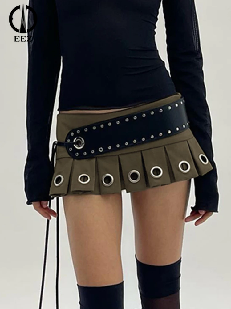 

(С низом) Пряная плиссированная мини-юбка с заниженной талией и ремнем из ПУ, летняя Горячая юбка, женские наряды в стиле ретро Y2k для кокетки