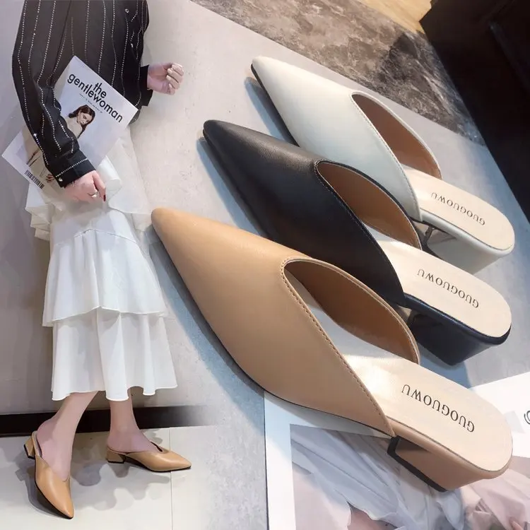 

Pointed Slippers Women High Heels New Summer Shoes Fashion Luxury Square Heel Slides Slip Loafers Mules Black Female Party Shoes